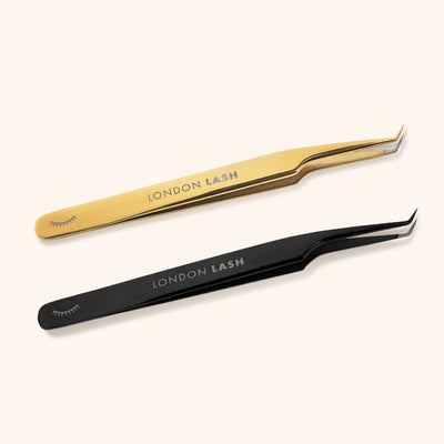 Fiber Tip Long Slim Mega Volume Tweezers in Gold and Black