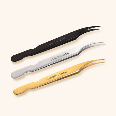 Angled Isolation Tweezers in Silver Gold and Black